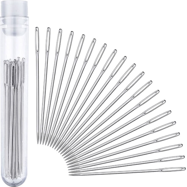 Aguja de ojo grande, cabeza redonda, aguja de coser de acero inoxidable, 9 piezas, aguja de bordar con tapón de botella de aguja transparente, naranja y blanco