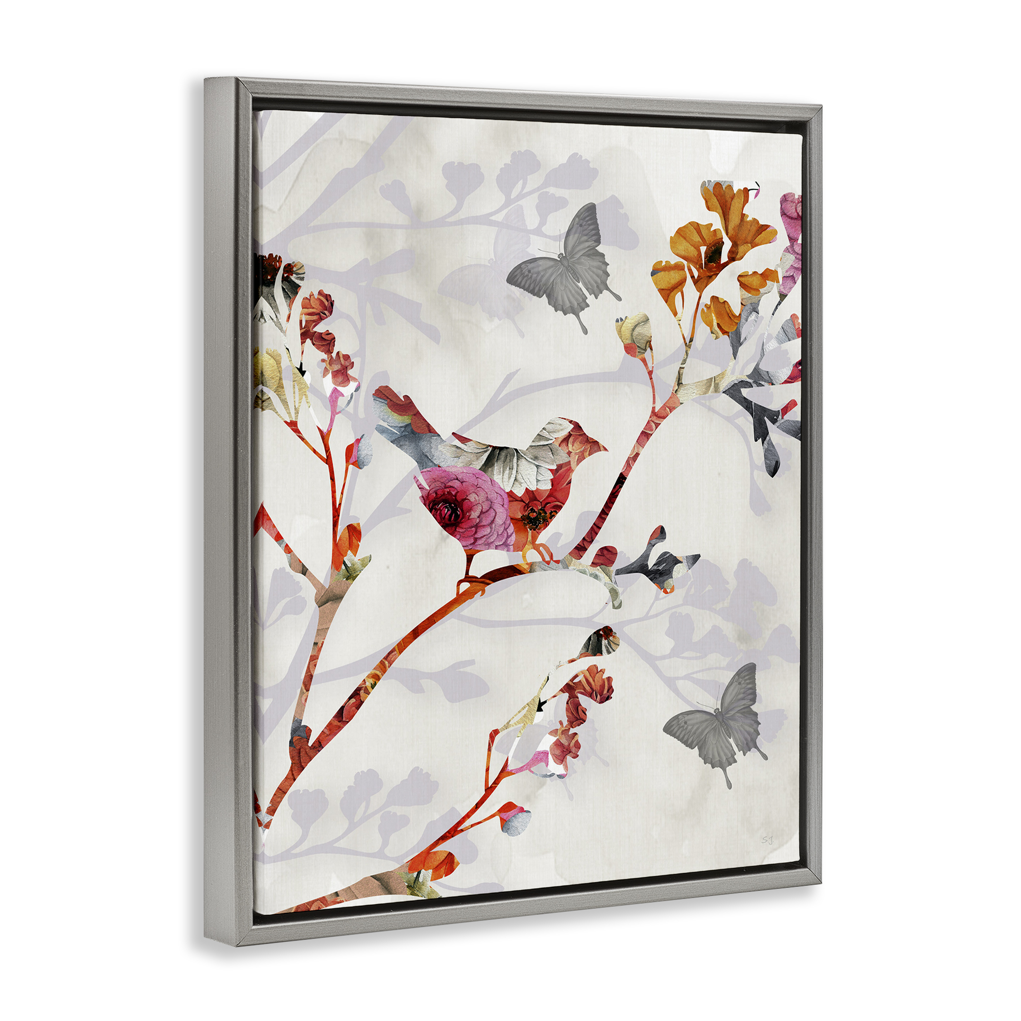 Stupell Industries Birds & Butterflies Nature Landscape Painting Gray Floater Framed Canvas Art Print Wall Art, 25 x 31