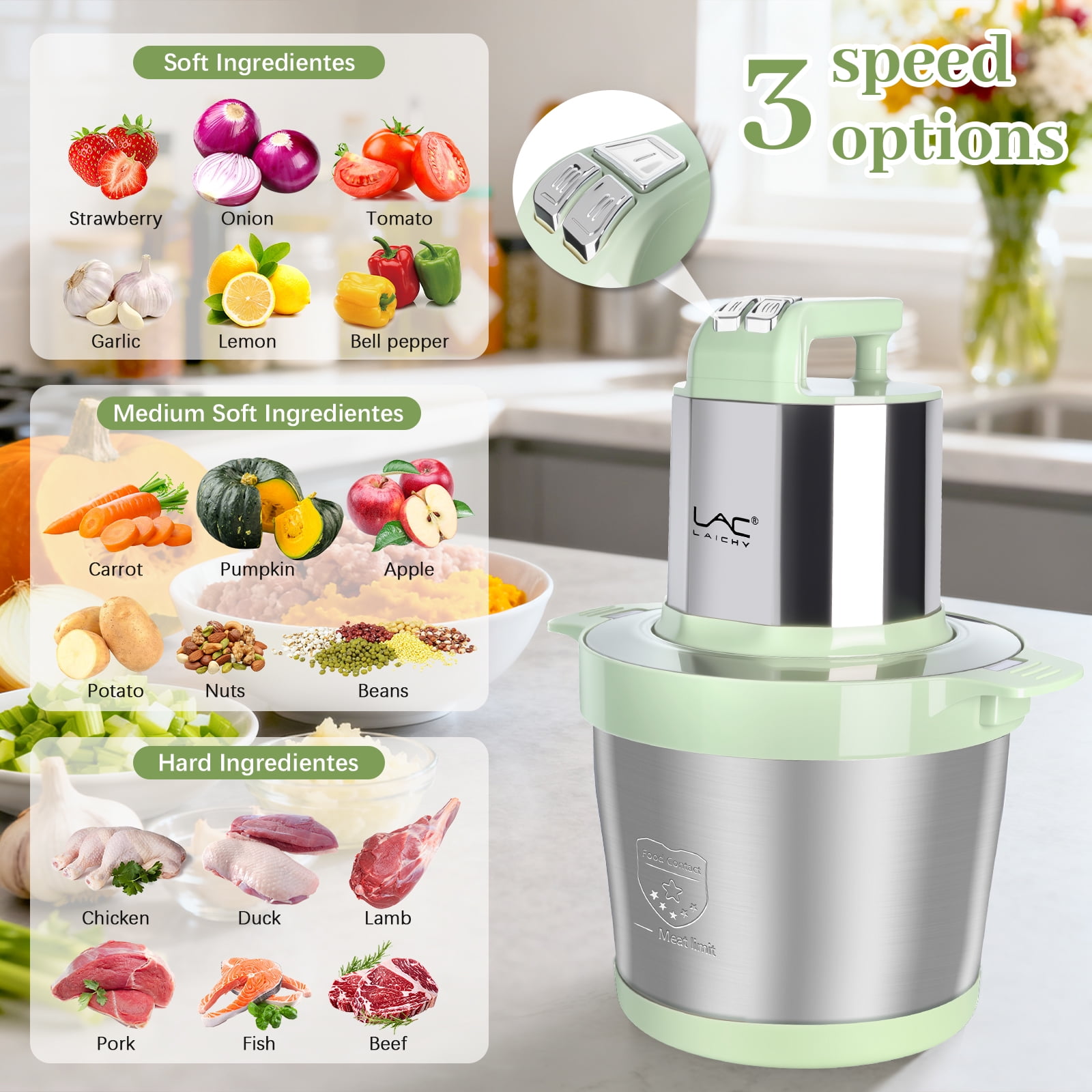 LAC LAICHY 3-Speeds 24 Cup Large Electric Meat Grinder,Electric Chopper,Food Processor with 4- Stainless Steel Blades,1500W High power Copper Motor For Meat,Baby Food,Green