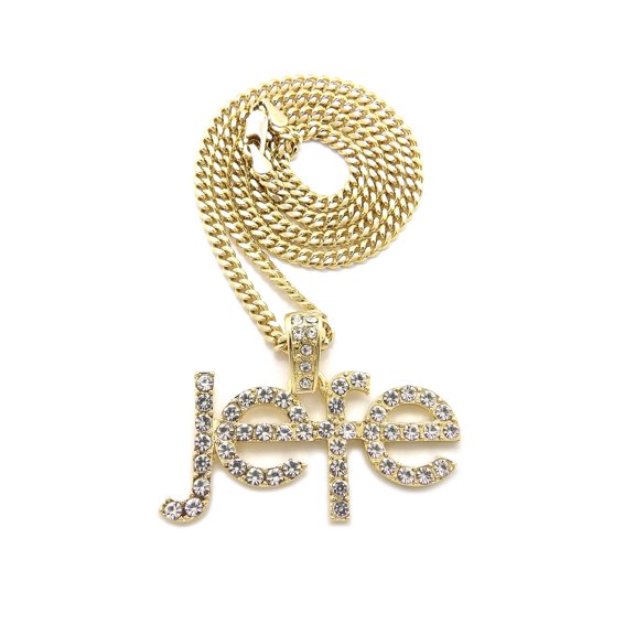 iJewelry2 Latin Urban Jefe Script Crystals Encrsuted Pendant Gold-tone Cuban Chain Necklace