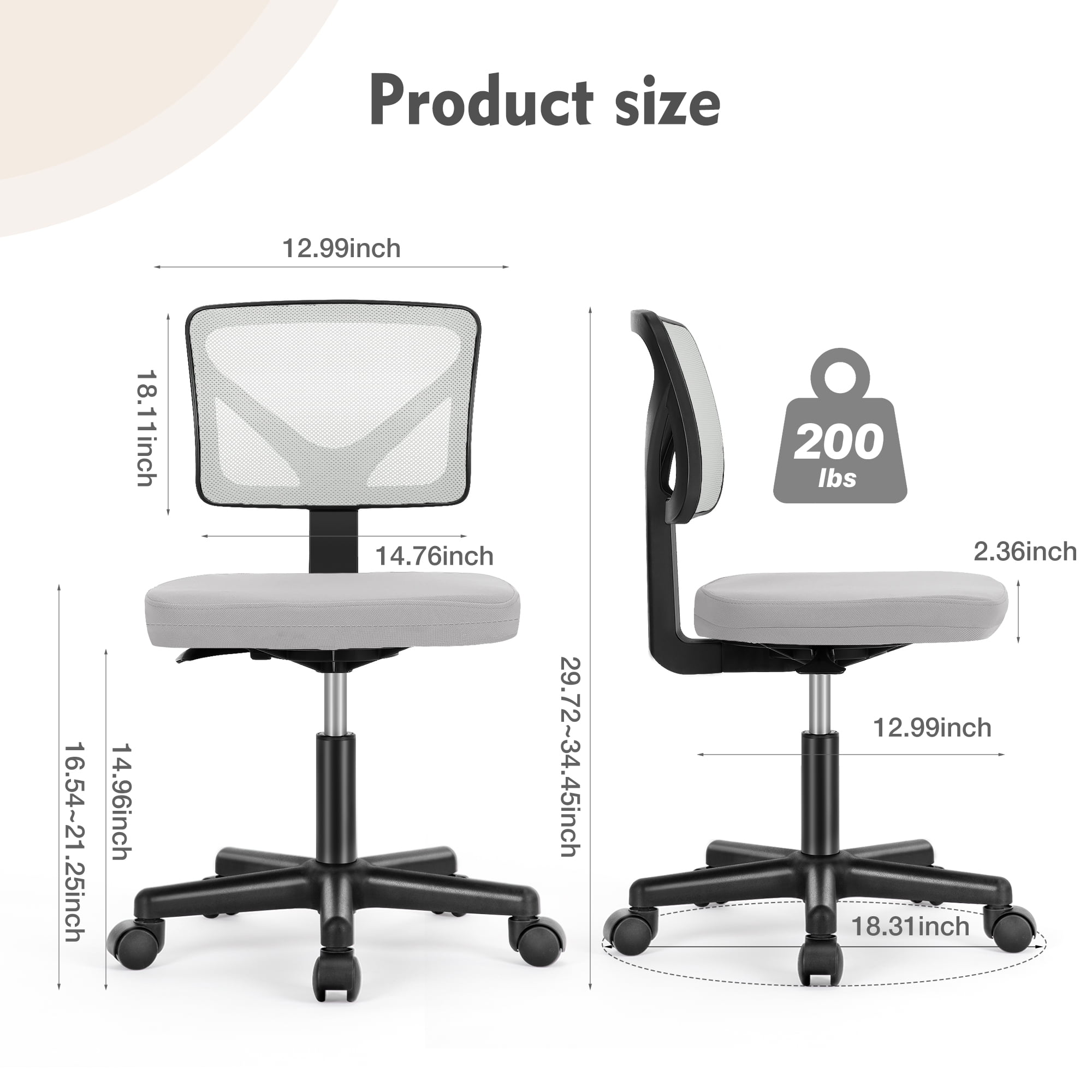 CONCETTA Mesh Office Desk Chair with Ergonomic Low-Back, Armless Design, Rolling Swivel Chair with Wheels, Gray