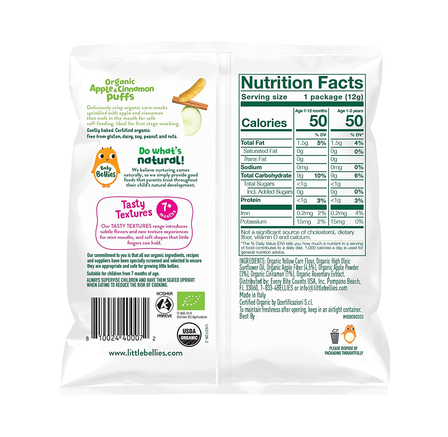 Little Bellies Organic Puffs Baby Snack, Apple & Cinnamon, Pack of 6 Individual Snack Packs, 0.42 Ounce (Pack of 6)