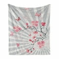 thumbnail image 1 of Nature Soft Flannel Fleece Blanket, Cherry Blooming Butterflies on Stripes Sun Rays Curvy Lines Ornamental Artwork, Cozy Plush for Indoor and Outdoor Use, 70" x 90", Pale Grey Pink, by Ambesonne, 1 of 6
