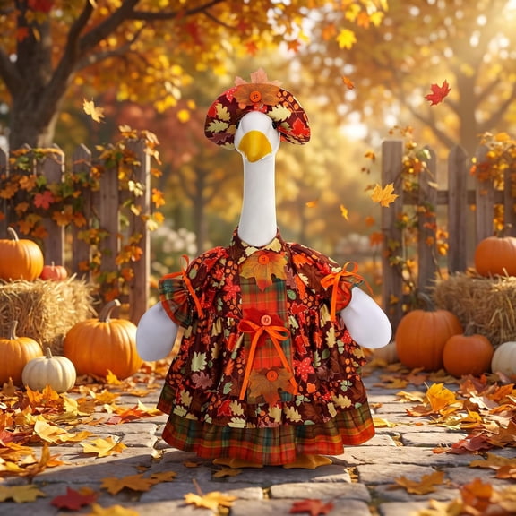 Fall Maple Porch Goose Outfit, 23Inch Lawn Goose Costume with Maple Leaf Dress & Matching Hat, Plaid Autumn Goose Clothes for Concrete Cement Goose Statue, Yard Lawn Garden Thanksgiving Holiday Decor