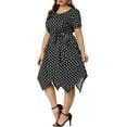thumbnail image 1 of GRACE & GRANDEUR Robe Midi Évasée à Pois pour Femme Grande Taille, Manches Courtes, Ourlet Haut-Bas, Taille à Nouer, 1X Noir, 1 of 8