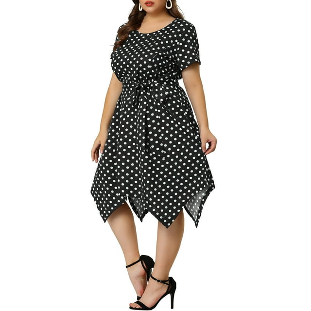 GRACE & GRANDEUR Robe Midi Évasée à Pois pour Femme Grande Taille, Manches Courtes, Ourlet Haut-Bas, Taille à Nouer, 1X Noir