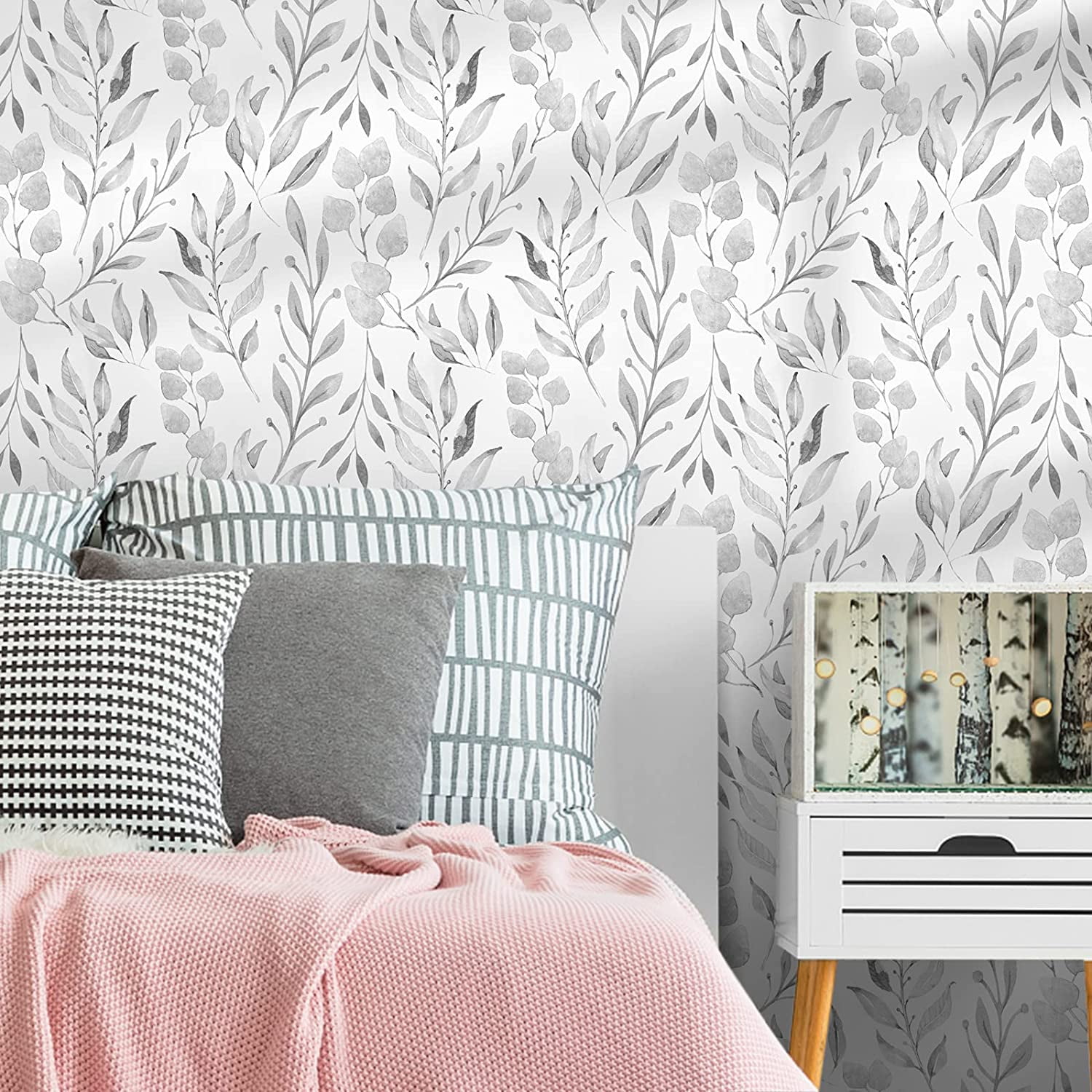 Caltero Peel and Stick Wallpaper Floral Wallpaper Gray Leaf Self Adhesive Contact Paper,17.7 in x 472 in