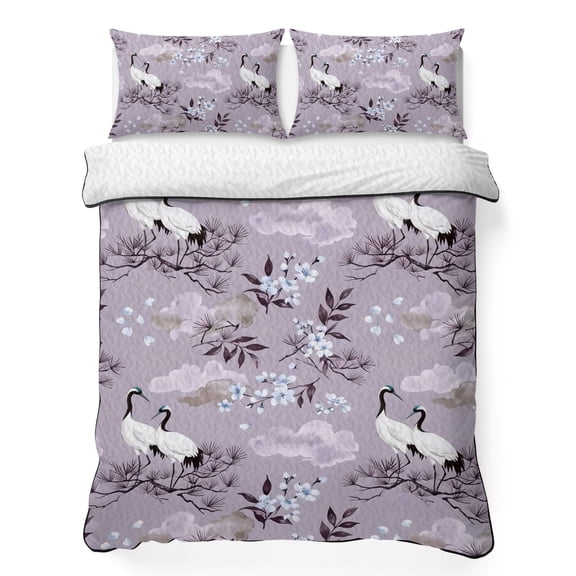 Quilts Queen Size Bedding Set, Japanese Cherry Blossom Lightweight Quilted Comforter, White Crane Purple Pine Branch Cloud Soft Bedspread Coverlet with Pillow Covers for All Season, 90" x 96"