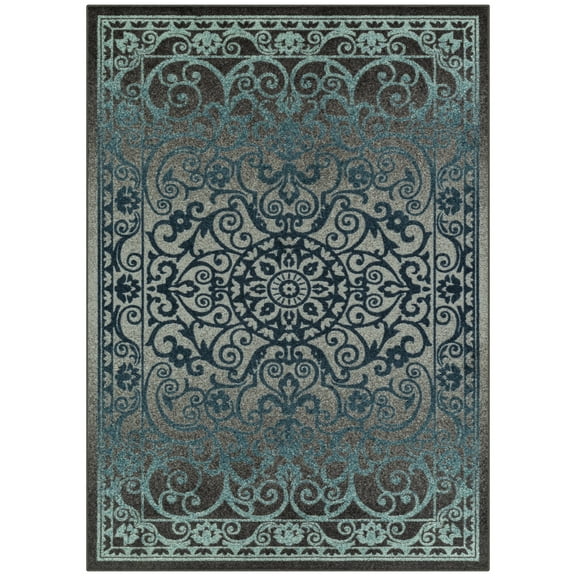 Maples Rugs - A - Pelham Medallion Non Slip Indoor Area Rugs, 5' x 7', Charcoal/Blue