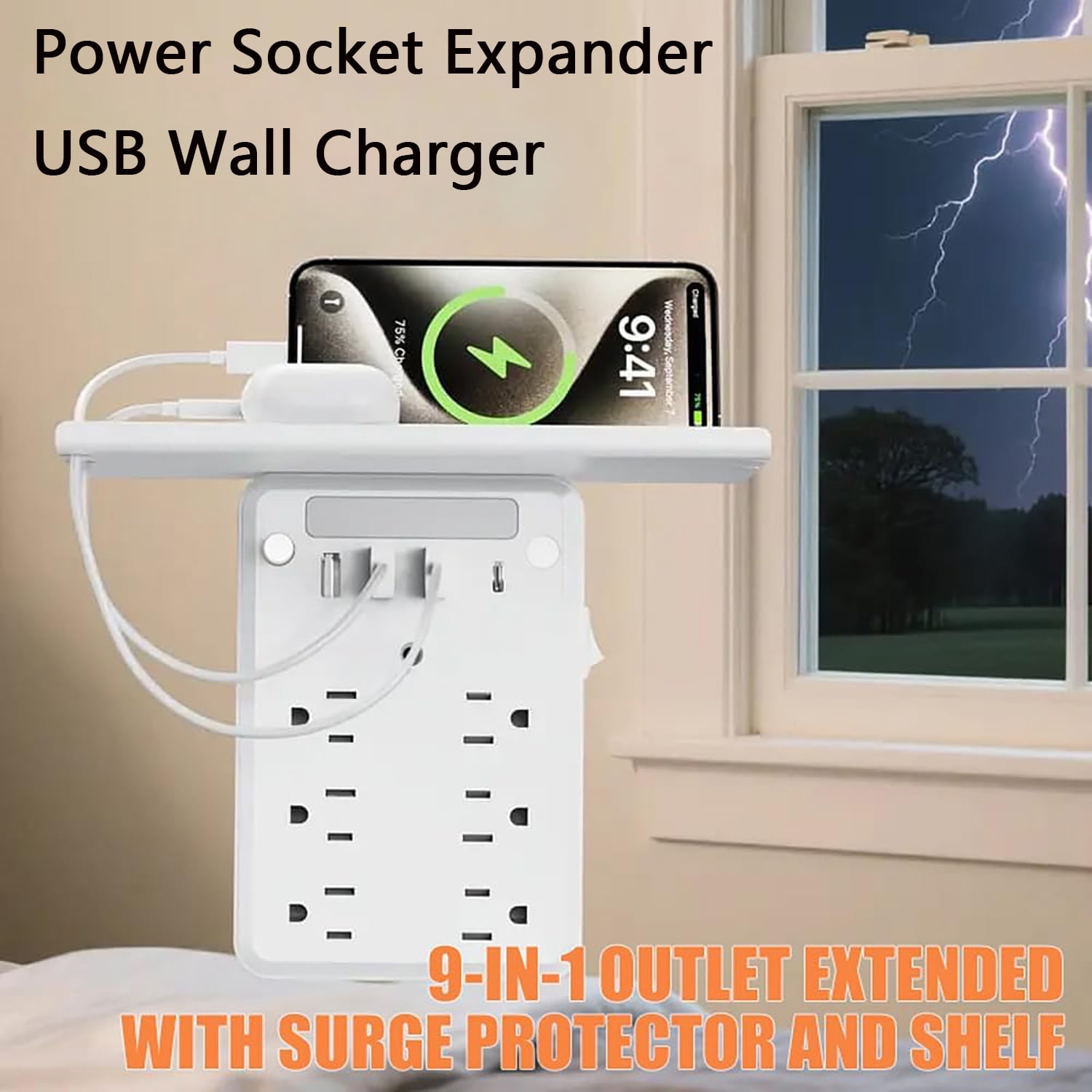 Preliminark Wall Outlet Extender with Shelf Night, Multi-Plug Outlet Splitter with Detachable Mobile Storage Rack, Power Socket Expander USB Wall Charger 6 AC outlets and 3 USB Ports with 1 USB 2pcs