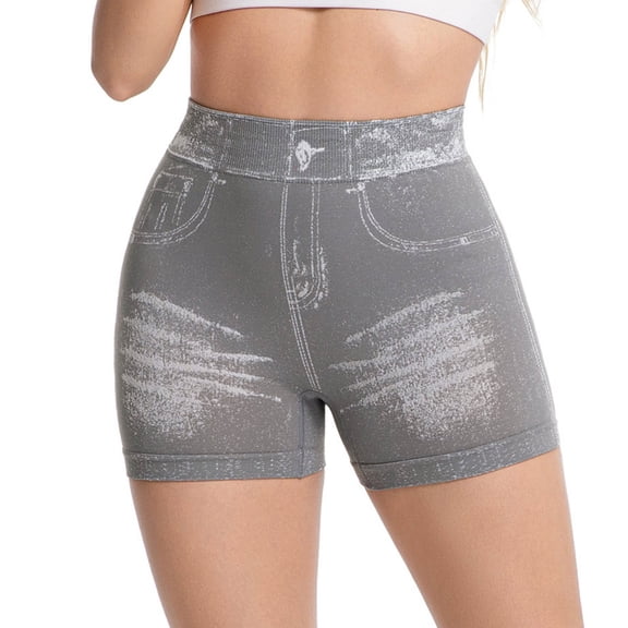 Kilaqueen Womens Faux Denim Shorts High Waisted Stretchy Butt Lifting Skinny Faux Jean Shorts Slimming Booty Jegging Shorts for Curvy Women Lightweight Gym Running Workout Pull On Sweat Shorts