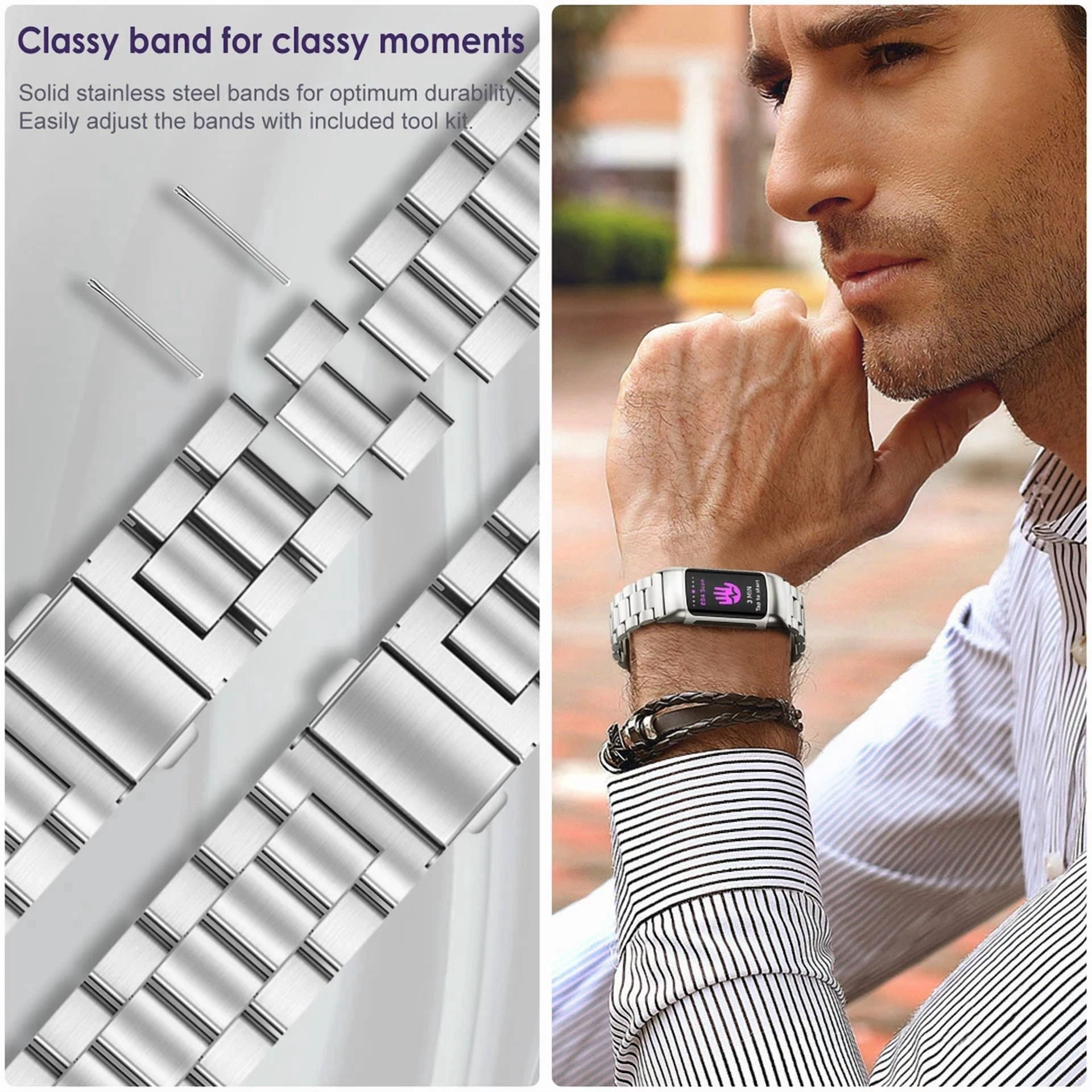 BRAWN- For Fitbit Charge 5 Watch Band Solid Stainless Steel Strap Replacement Wristband
