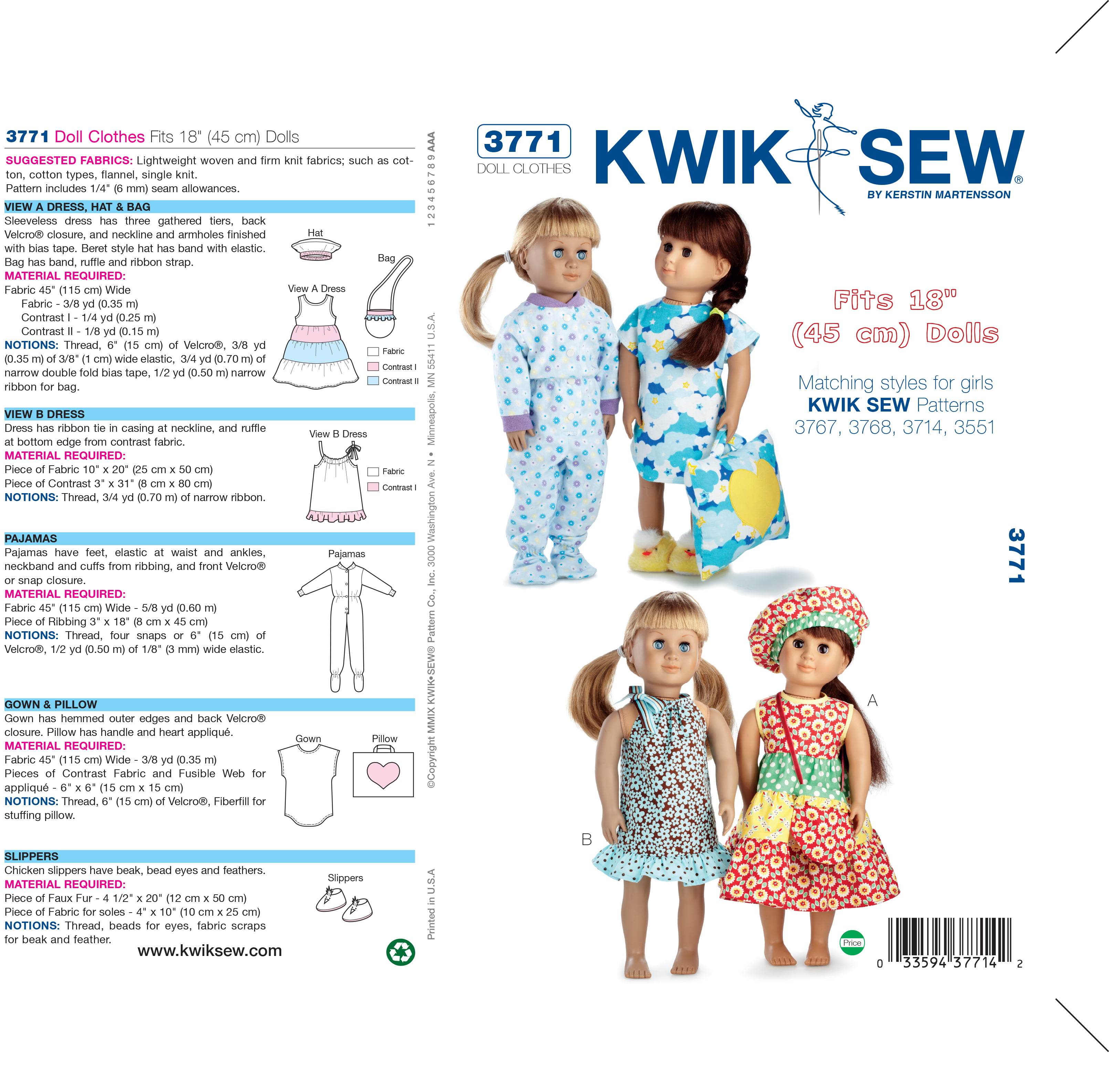 Uncut Unused Sewing Pattern Kwik Sew 2830 Craft Pattern NEW in package Doll...