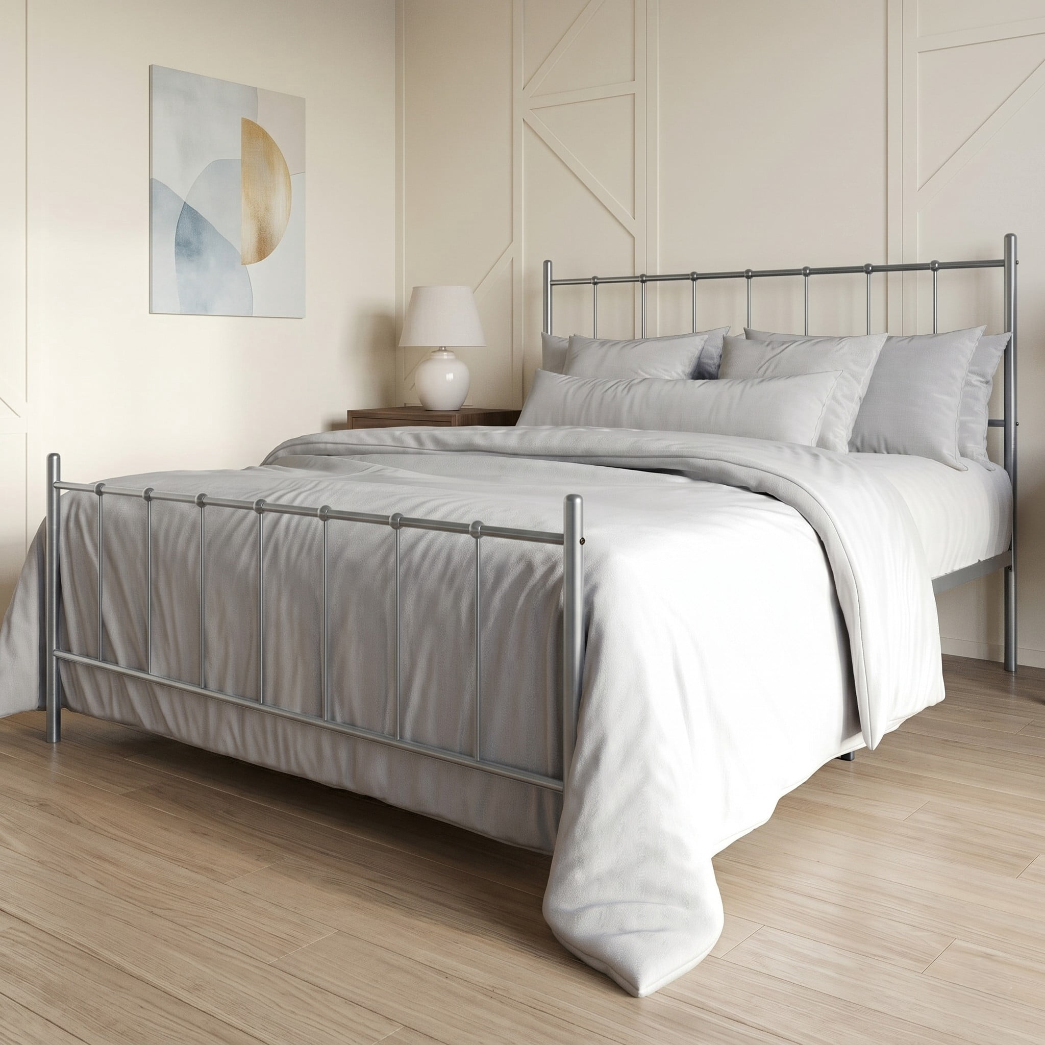 Home Design Calhoun Classic Queen Metal Bed, Sturdy Platform Frame with Decorative Headboard & Footboard, Sliver Gray