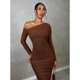 thumbnail image 4 of Brown One Shoulder Ruched Bodycon Midi Dress Long Sleeve, 4 of 30