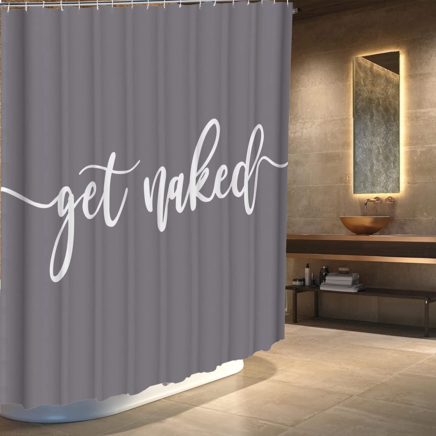 Shower Curtain Funny Cute Get Naked Fashionable Grey Background White Words Machine Washable Fabric Bathroom Decor Set with Hook Bath Curtain 72 x 72 inches