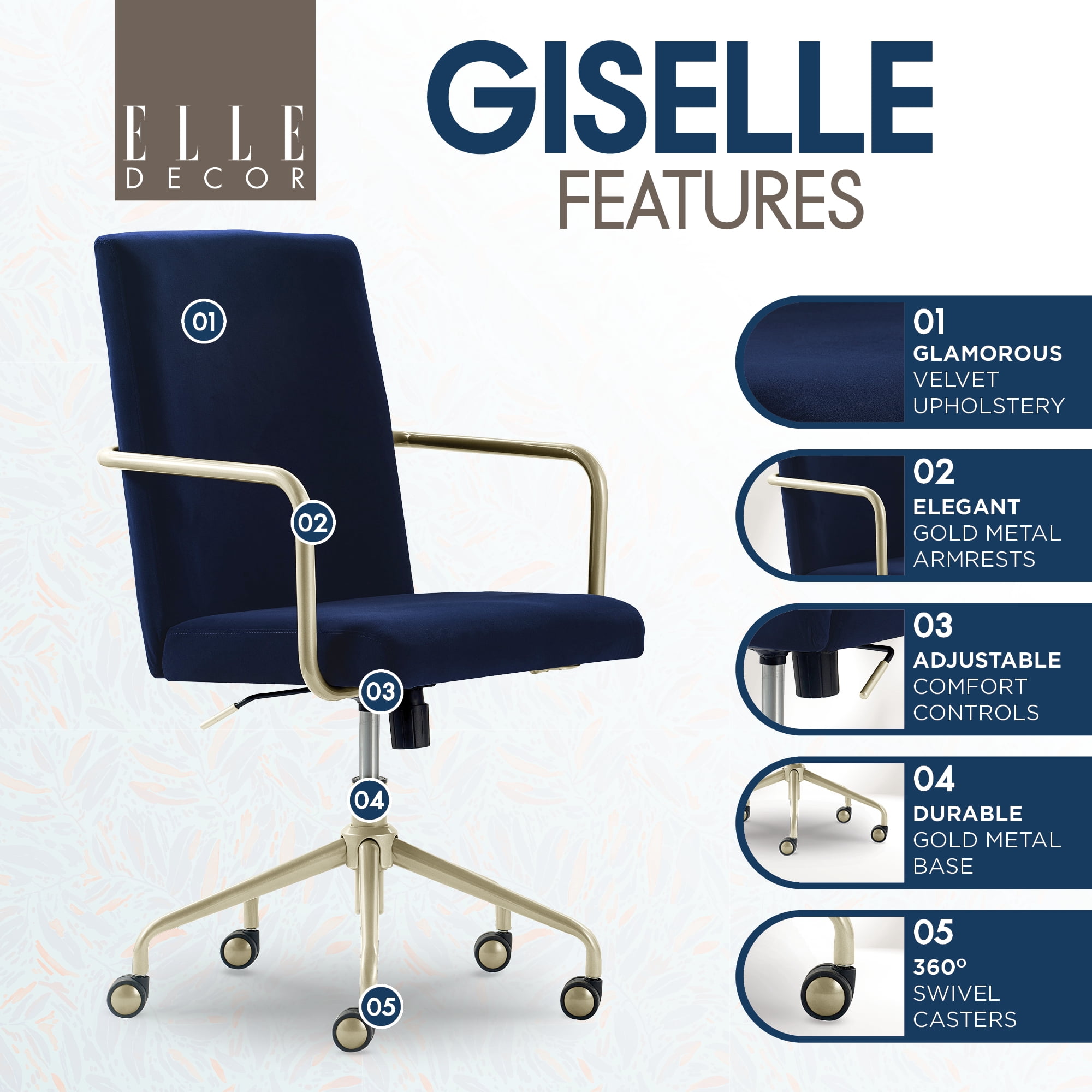 Elle Decor Giselle Modern Home Office Desk Chair, High Back Adjustable Computer Chair with Gold Arms, Base and Wheels, Velvet Fabric, Navy Blue