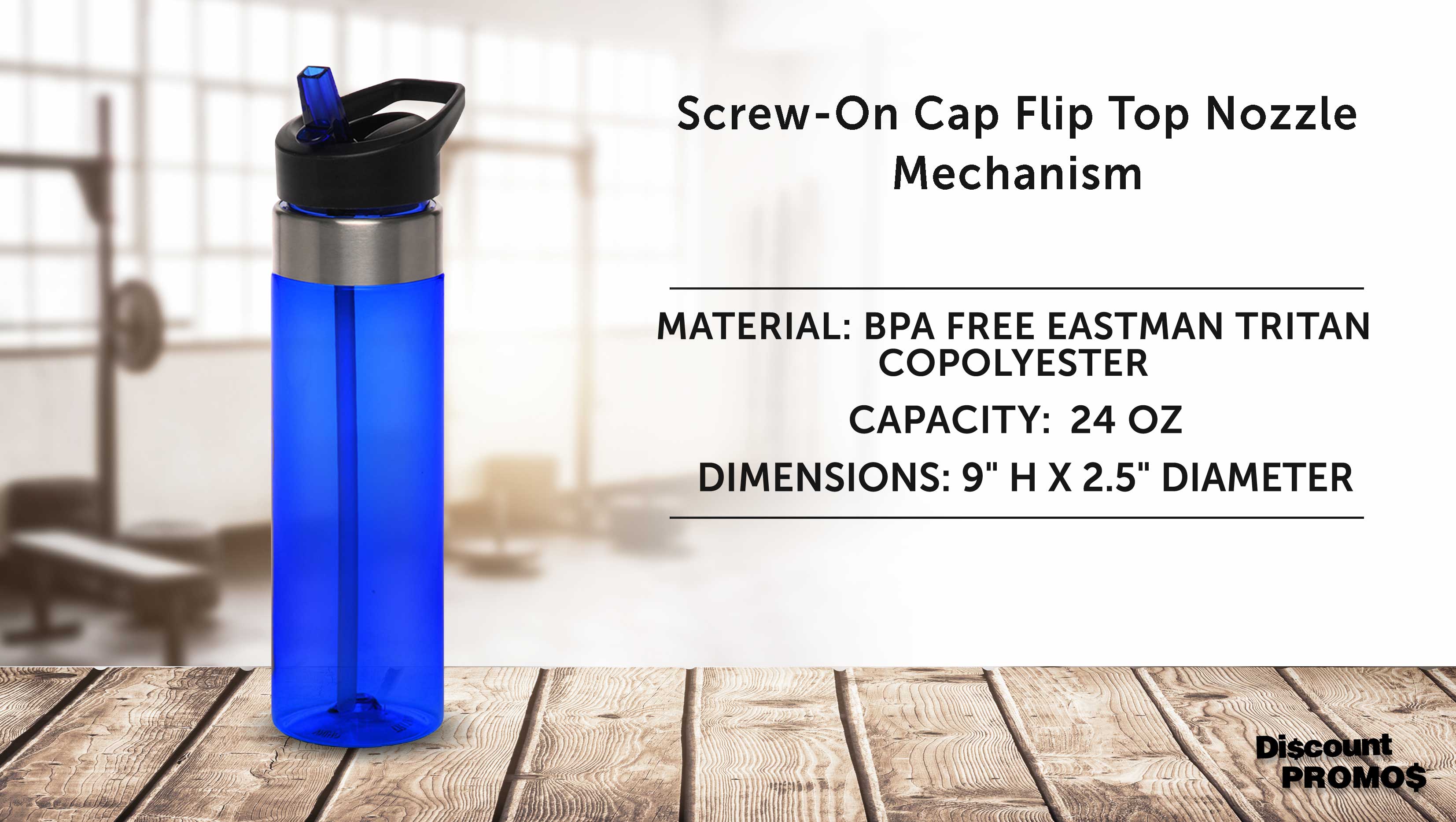 Plastic Water Bottle 24 oz with Inside Straw - BPA Free, Screw-On Cap, Flip Top Nozzle Mechanism - Slim Translucent Body - Eastman Tritan Copolyester - Blue - 10 Pack