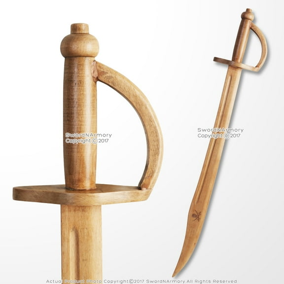 30" Solid Wood Natural Color Practice Pirate Sword w/ Pirate Logo Caribbean