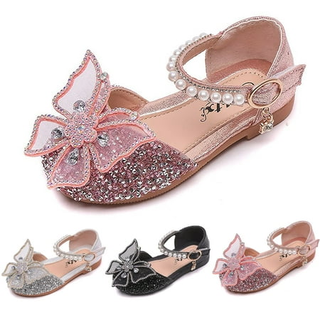 Image of Actoyo Girls Dress Shoes Big Bow Mary Jane Wedding Flower Bridesmaids Low Heels Glitter Sequins Princess Ballet Flats Shoes Pink for Kids (US 10.5 Little Kid)