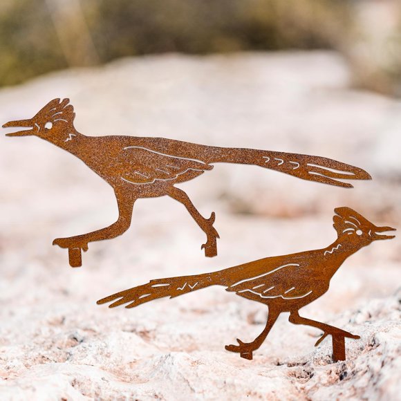 shiyou-Metal Roadrunner Yard Art Set of 2, Southwest Garden Decor Stakes, Roadrunner Decorative Garden Stakes Southwestern,Lawn Art Desert Decor Metal Yard Decorations Outdoor with Rusty Paint Proces