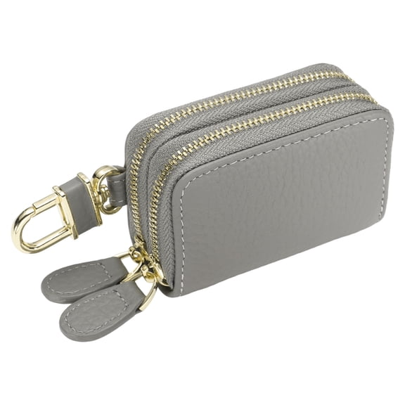 Genuine Leather Car Key Fob Case, Universal Car Key Fob Holder, Double Layer Zipper Key Case Bag, Gray