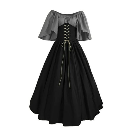 Socisucc Women s Round Neck Dress Flare Sleeve Off Shoulder Medieval Vintage Dresses With Corset Patchwork Ball Gown