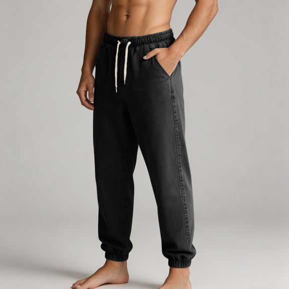 WPPGONE Men's Jeans Elastic Waisted Drawstring Straight Leg Joggers Comfy Bottoms Classic Versatile Summer Fashion Trendy Denim Pants with Pockets