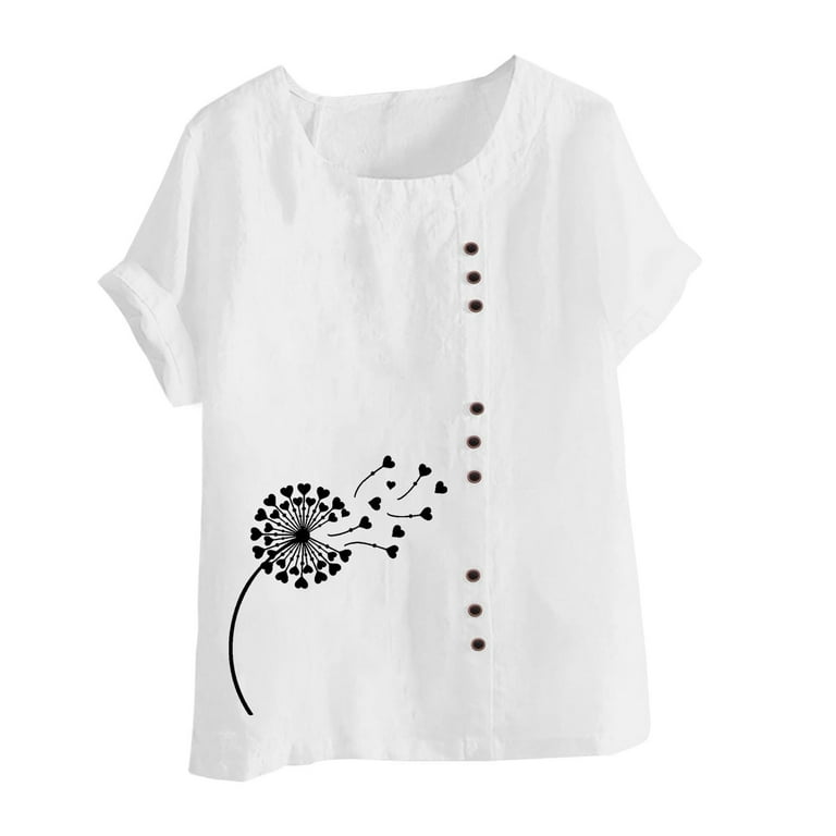 Olyvenn Women's Trendy Buttons Cotton Linen Shirts Rollback Clothing 2023  Fashion Summer Short Sleeve Tees Dandelion Print Tops Crew Neck Shirts Plus 