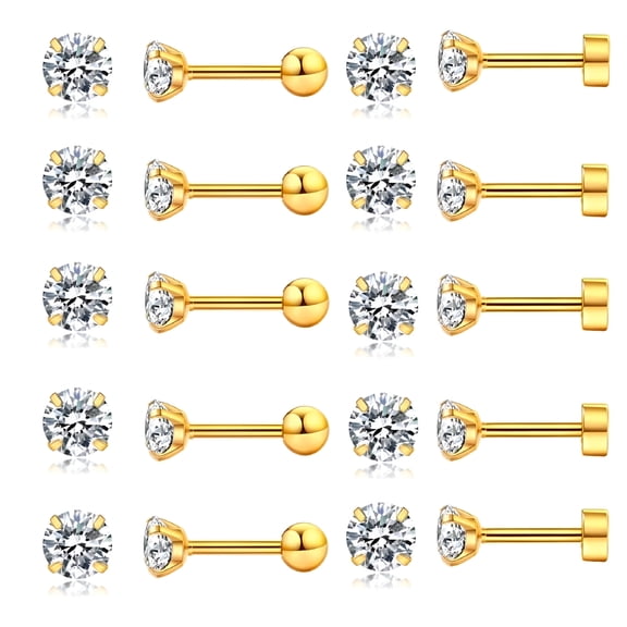 DESIGNICE 10 Pairs Stud Earrings Stainless Steel Flat Back Ear Piercing Set 18G Round Cubic Zirconia Earring for Women Men, Gold, 5mm