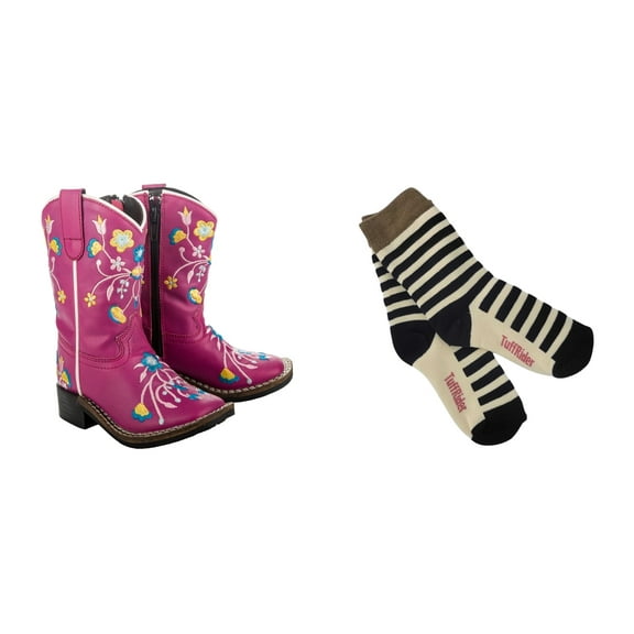 TuffRider Toddler Floral Cowgirl Western Boot- 4T- Hot Pink With Free Assorted Striped Socks