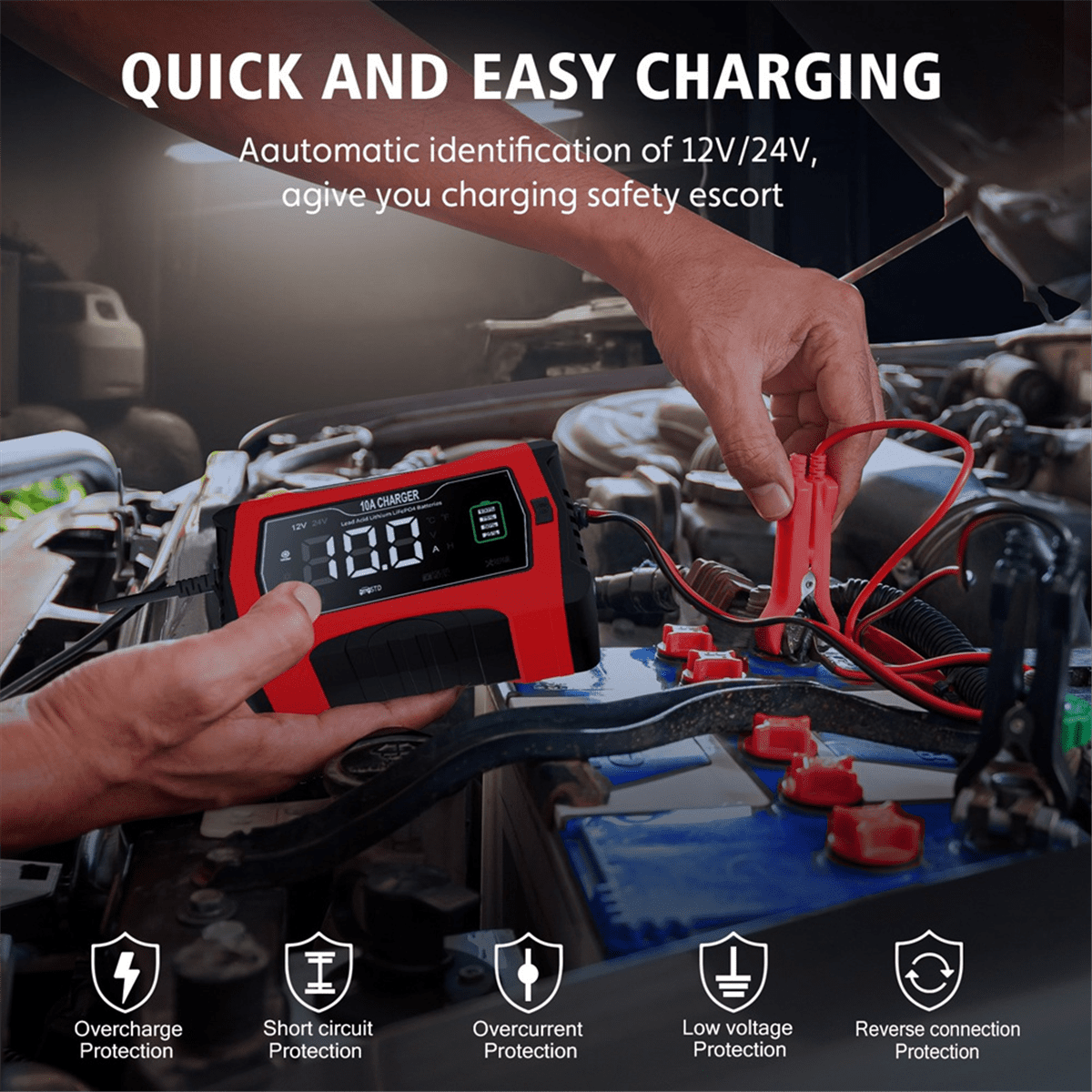 10A Automatic Charging for Lithium LiFePO4 GEL Lead-Acid Batteries 12V 24V Charger Car Battery Charger(US)