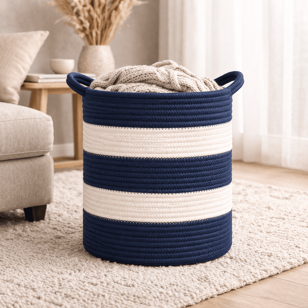 Medium Cotton Rope Baskets with Handles Woven Baskets Rope Bins 12.2x11.8" Laundry Hamper Nursery Baskets , Navy Blue and White