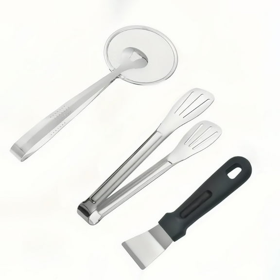 3-Piece Stainless Steel Kitchen Tool Set – Frying Mesh Skimmer, Food Tongs & Scraper Spatula for Cooking, Frying, BBQ, and Grilling