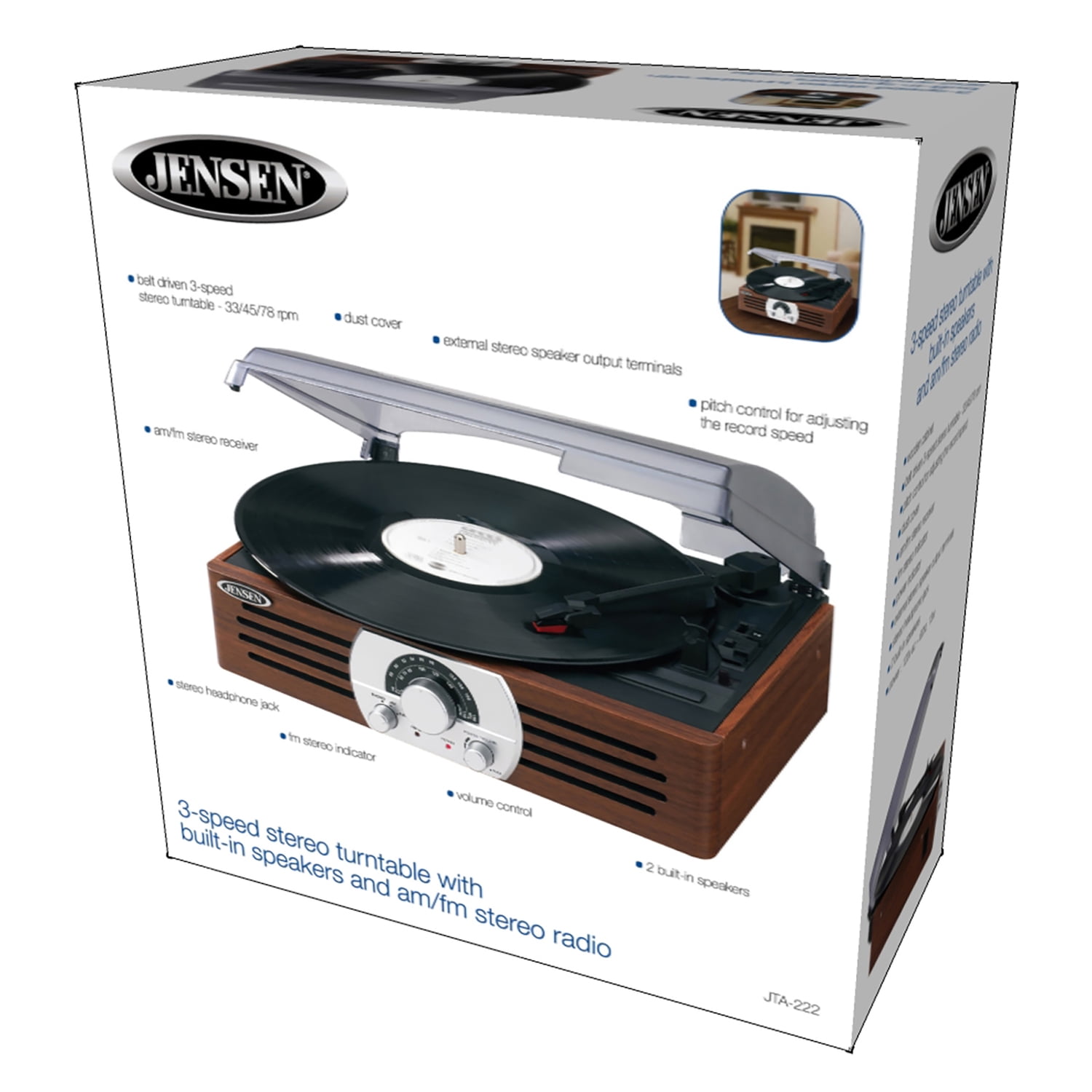 JENSEN 3-Watt 3-Speed Belt-Drive Manual Retro Turntable with Built-in Speakers, Pitch Control, AM/FM Radio, Antique Wood Case Design, JTA-222