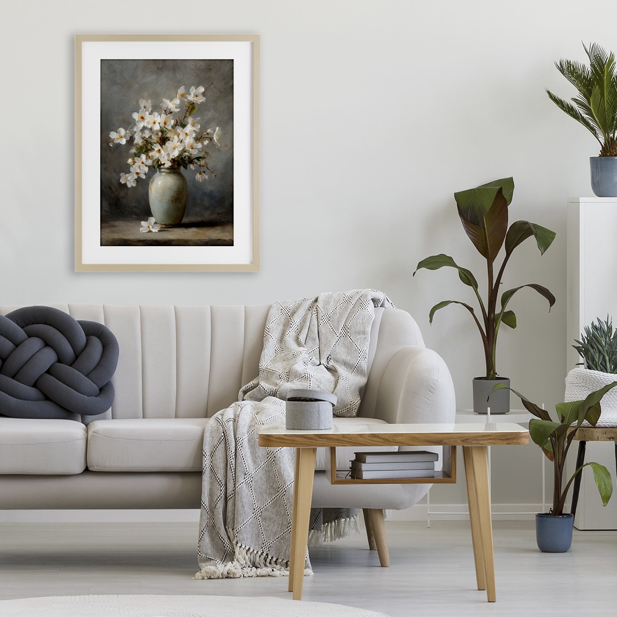 Stupell Industries Full White Flowers in Vase Birch Framed Print Under Glass, design by Petal Prints Design