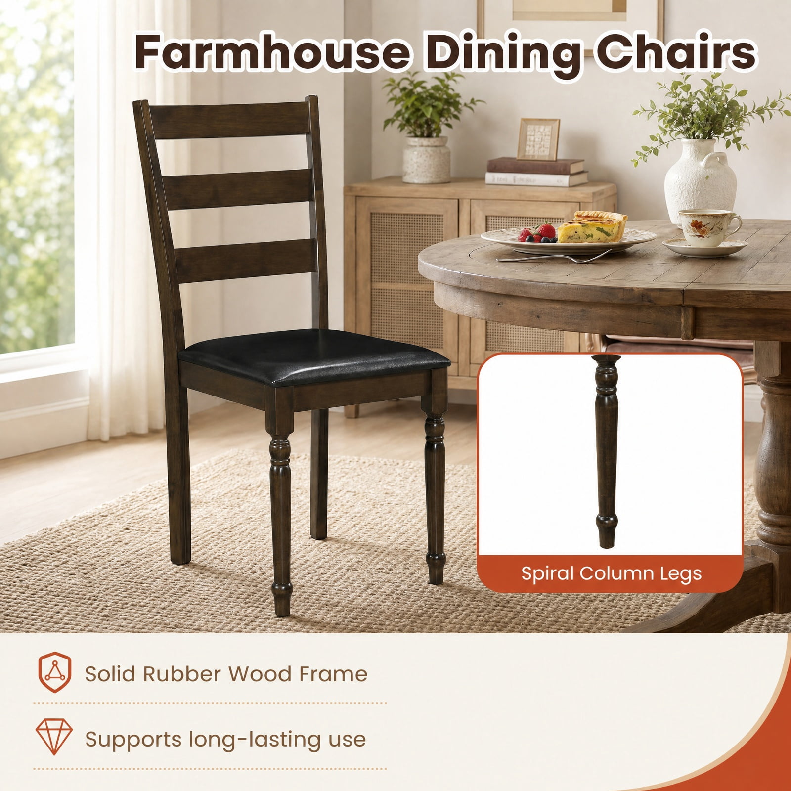 Furnibear Farmhouse Dining Chairs Set of 2 PU Leather Upholstered Ladder Back Kitchen Chairs with Spiral Legs for Dining Room, Brown