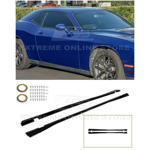 Replacement For 2015-Present Dodge Challenger Models | Performance Style ABS Plastic - Painted Glossy Black Side Skirts Rocker Molding Extension Pair