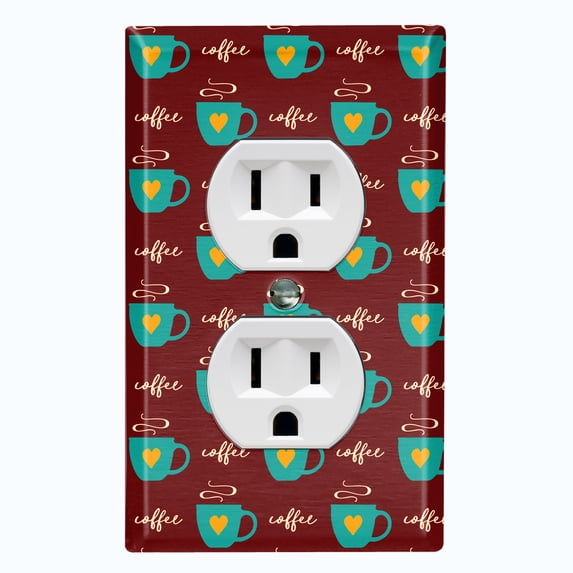 Metal Light Switch Wall Plate Outlet Cover (Coffee Espresso Mocha Cup Orange Heart Brown - Single Duplex)