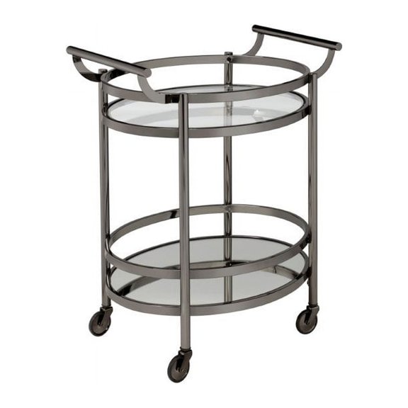 BOWERY HILL 2 Tiered Serving Cart in Clear Glass and Black Nickel, 34" H x 27" W x 19" D