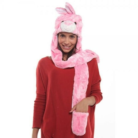 Pink Bunny Rabbit Full Animal Hat Soft Plush Hat Scarf Mittens 3-in-1 Style Winter Ski Hat