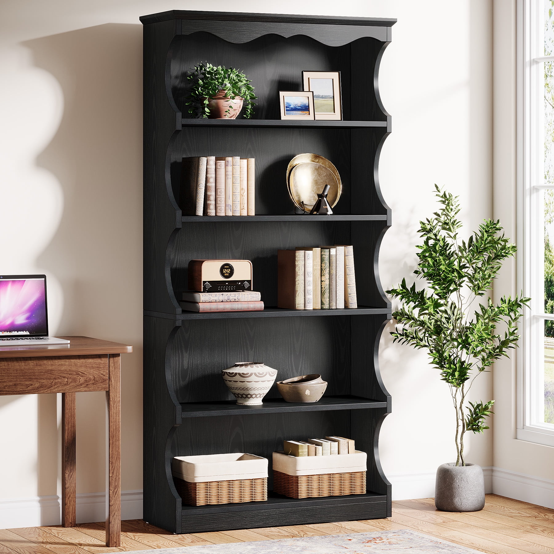 Tribesigns 70-Inch Tall Bookcase, 5-Tier Open Bookshelf with Unique Curved-Edge Design, Wood Vintage Large Book Case, Free-Standing Display Shelves with Storage for Living Room, Home Office, Bedroom