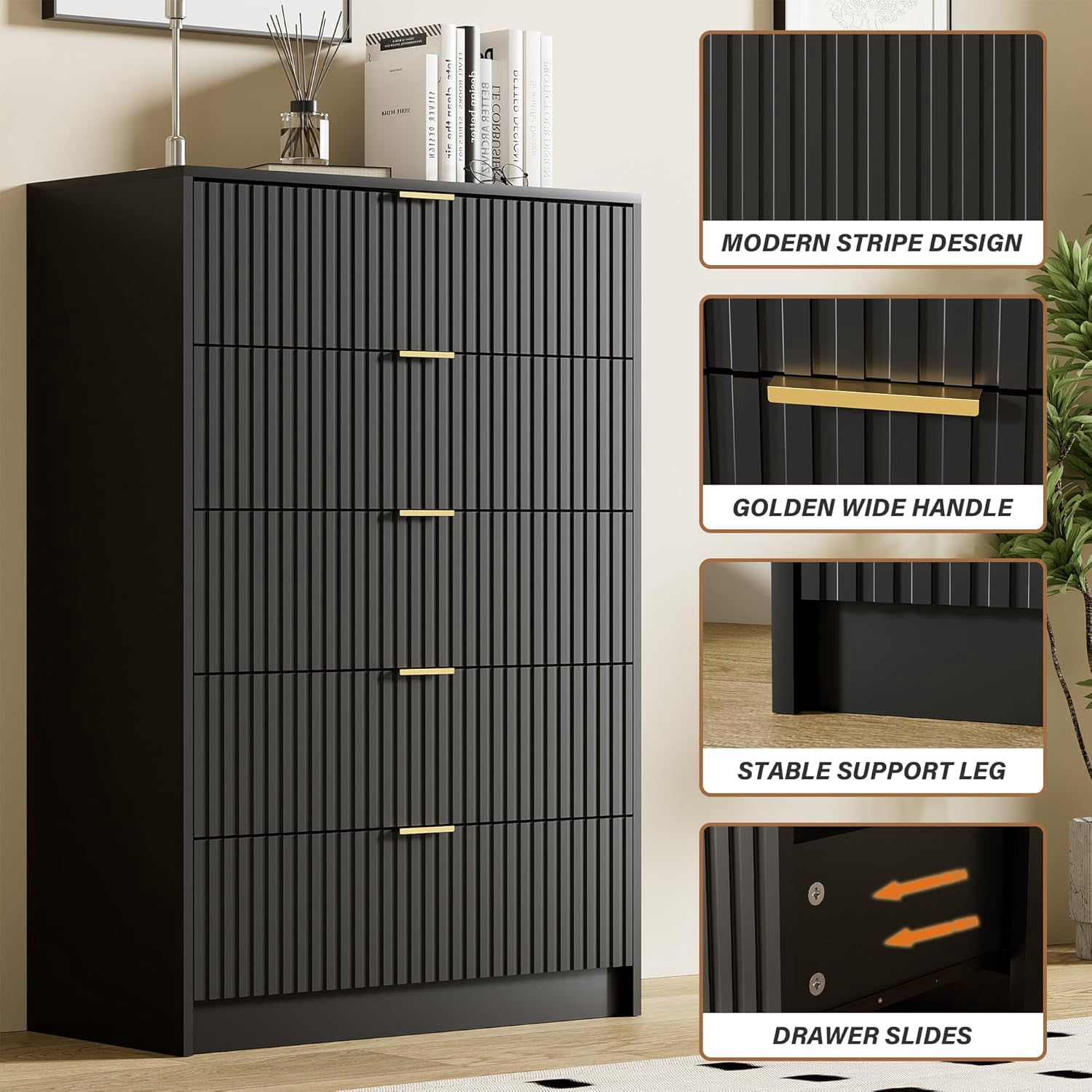 FURNIWAY Black 5 Drawer Dresser, 32 Inch Wide Chest with Gold Handles for Bedroom Living Room Office