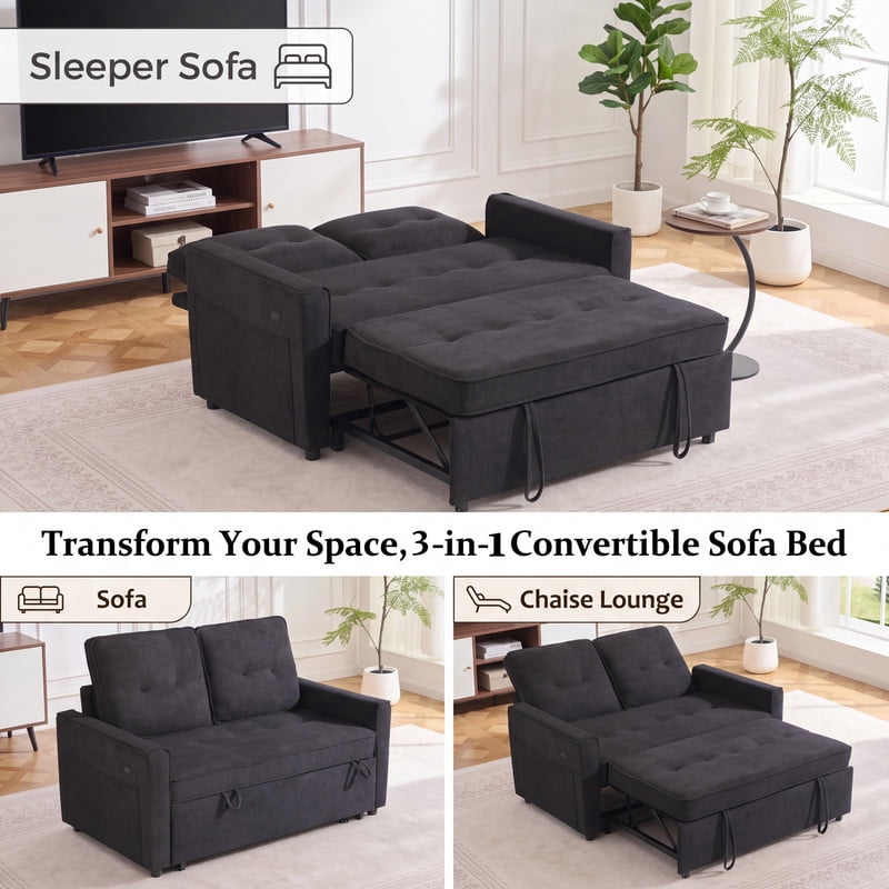Gewnee 53” Sofa Bed, 3 in 1 Convertible Loveseat Sleeper Sofa, Pull Out Couch with USB Port, Futon Sofa Bed with Storage Pockets for Small Spaces, Teddy Fabric,Black