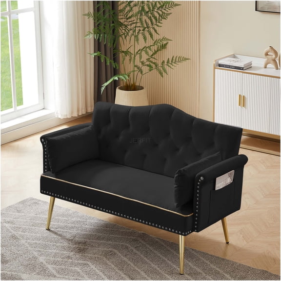 JERFIT Modern Velvet Loveseat Sofa for Small Spaces, 2-Seater Tufted Back Couch with Metal Legs, Plush Foam Upholstered Furniture for Living Room, Apartment, Bedroom, Black