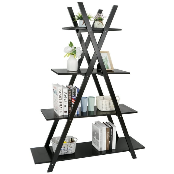 HomGarden 4-Shelves Open Bookcase, A-Frame Ladder Bookshelf Home Black