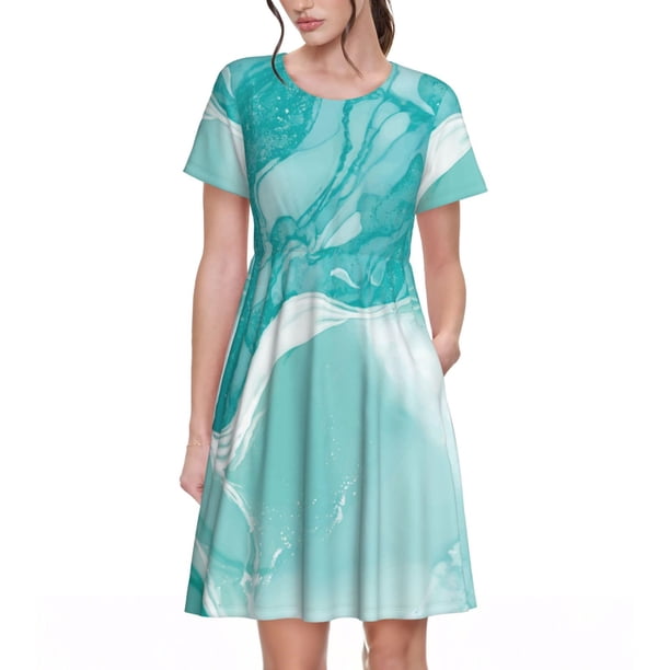 Disketp Teal Turquoise 1 para Vestido de Manga Corta para Mujeres, Vestidos de Verano para Mujeres, Casual y Holgado para la Playa