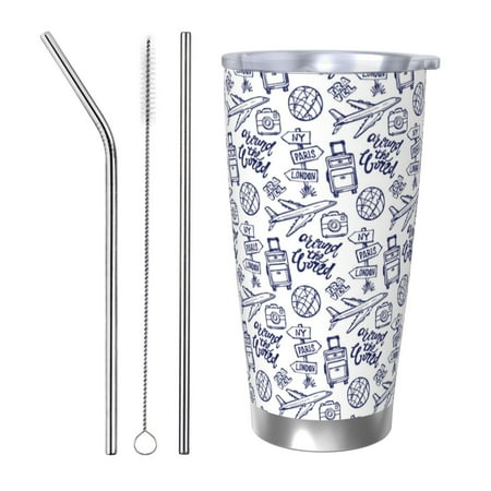 

Uemuo World Travel2 Print Travel Coffee Mug 20oz Double-walled Car Cup Stainless Steel Insulated Tumbler Leak-proof Travel Cup Reusable Straw Car Cup-Straw Three-piece Set