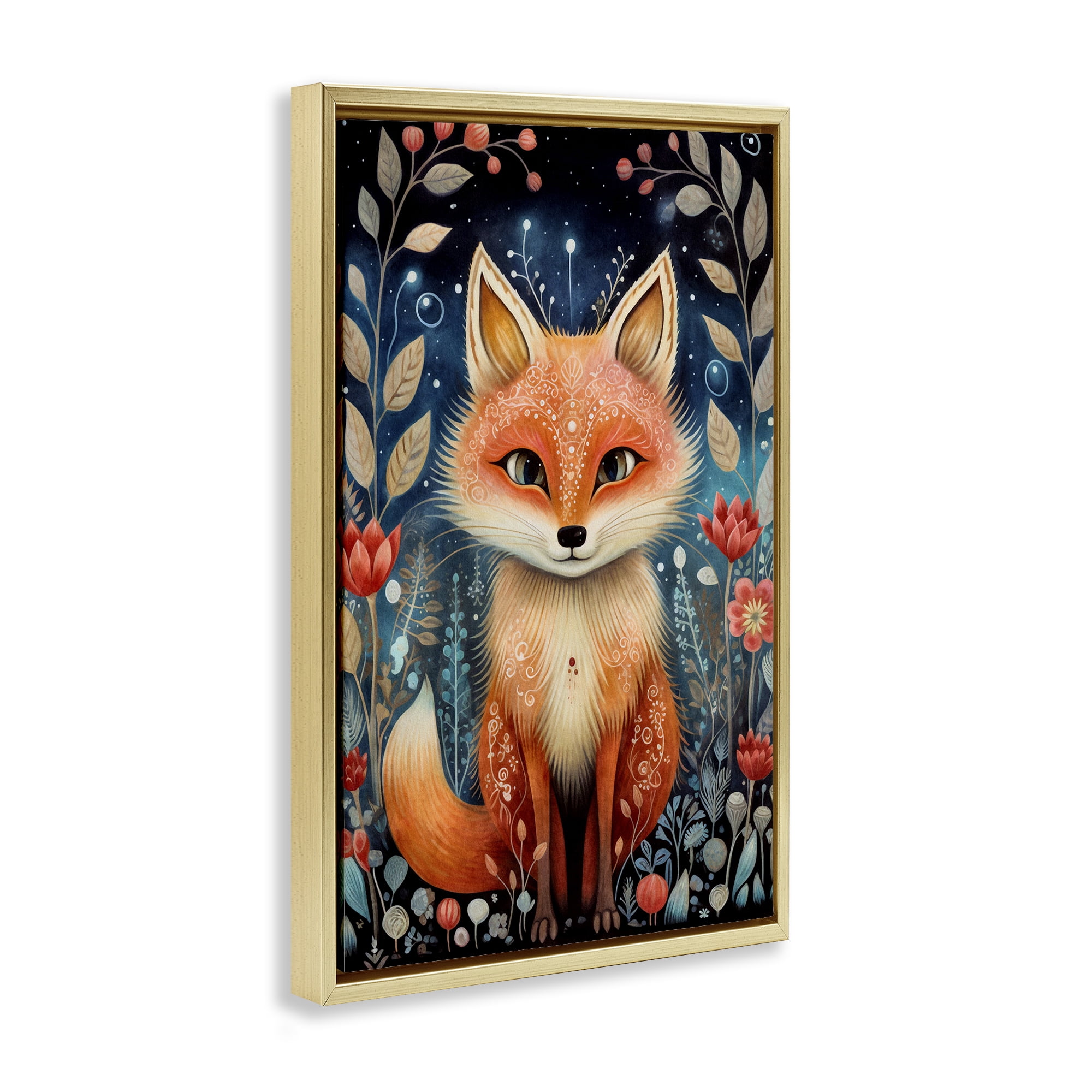Stupell Industries Woodland Pattern Fox Animals & Insects Painting Gold Floater Framed Art Print Wall Art, 17 x 25