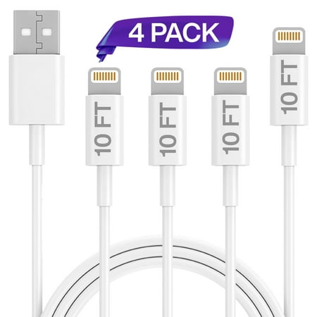 Junipel Universal Compatibility Aple Devices Charging, Data Transfer USB to Lightning Cable Set of 4, 10 Ft. (White)